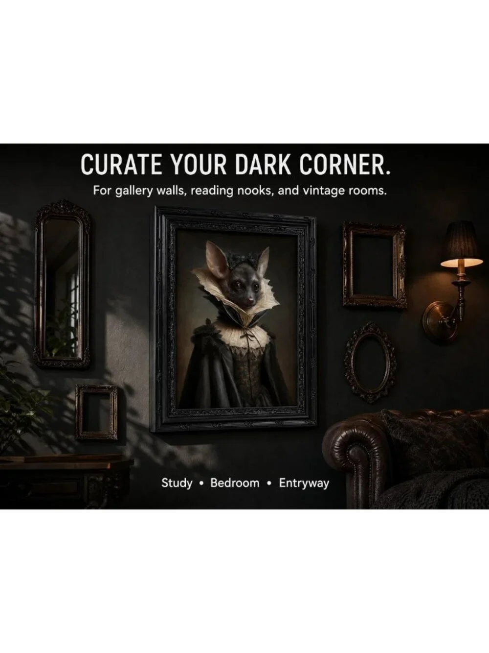 Gothic Bat Lady Canvas Wall Art | Vintage Black Framed Decor for Bedroom